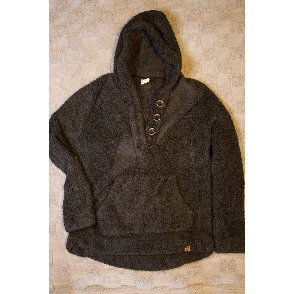 LIV Outdoor Womens Fuzzy Sherpa Fleece Hoodie Charcoal Grey Button Neck Pullover
